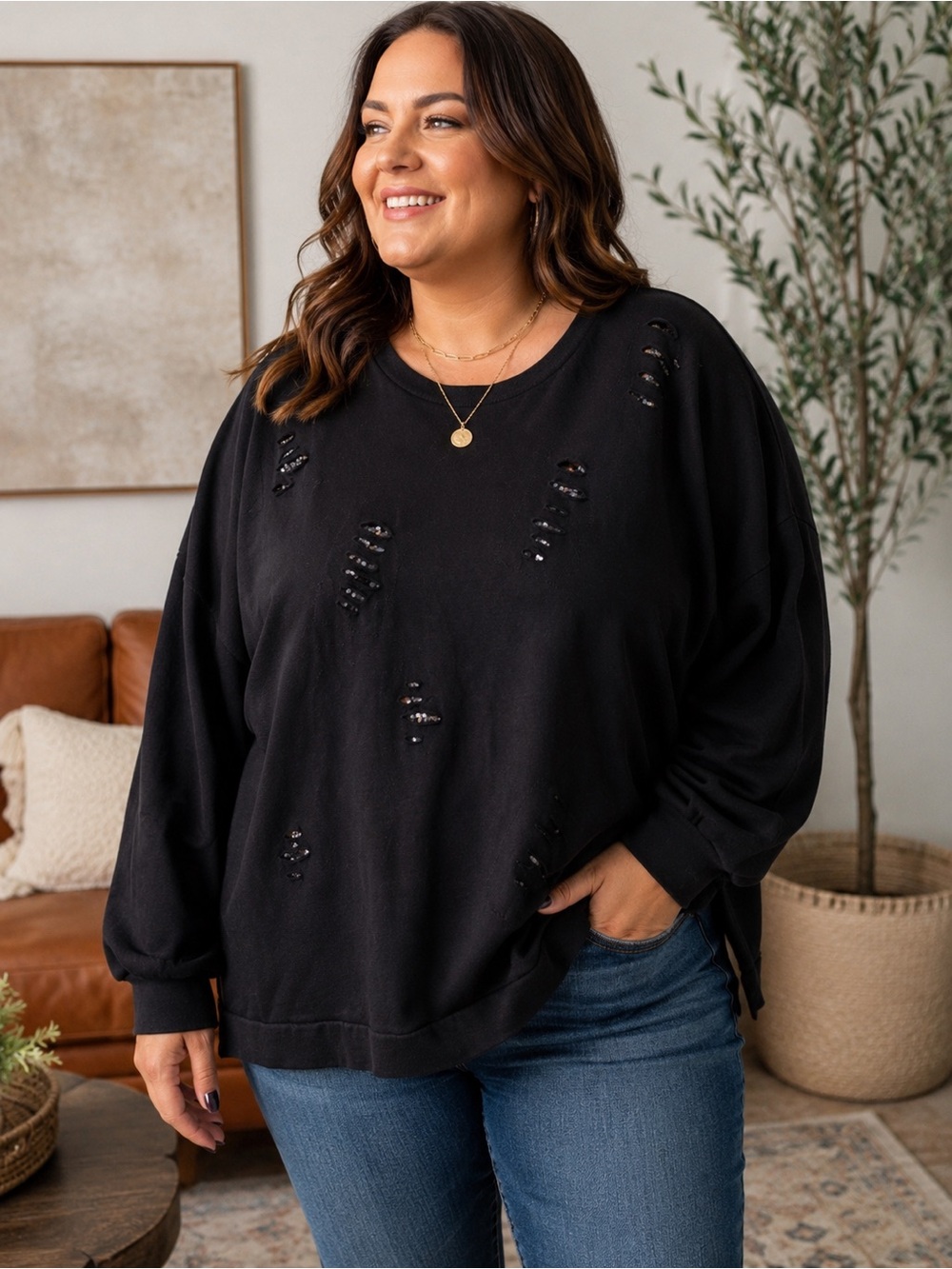 Lane Bryant Black Distressed Sequin Round Neck Sweatshirt Size 26/28